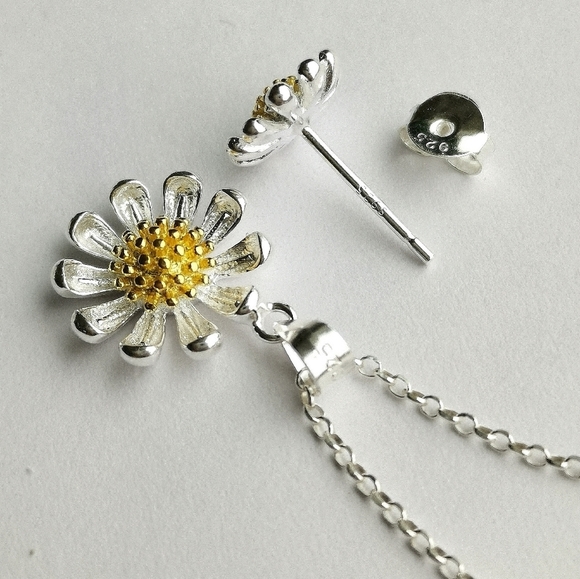 Sterling Silver 14k Gold Daisy Necklace Earring Set - Picture 4 of 13